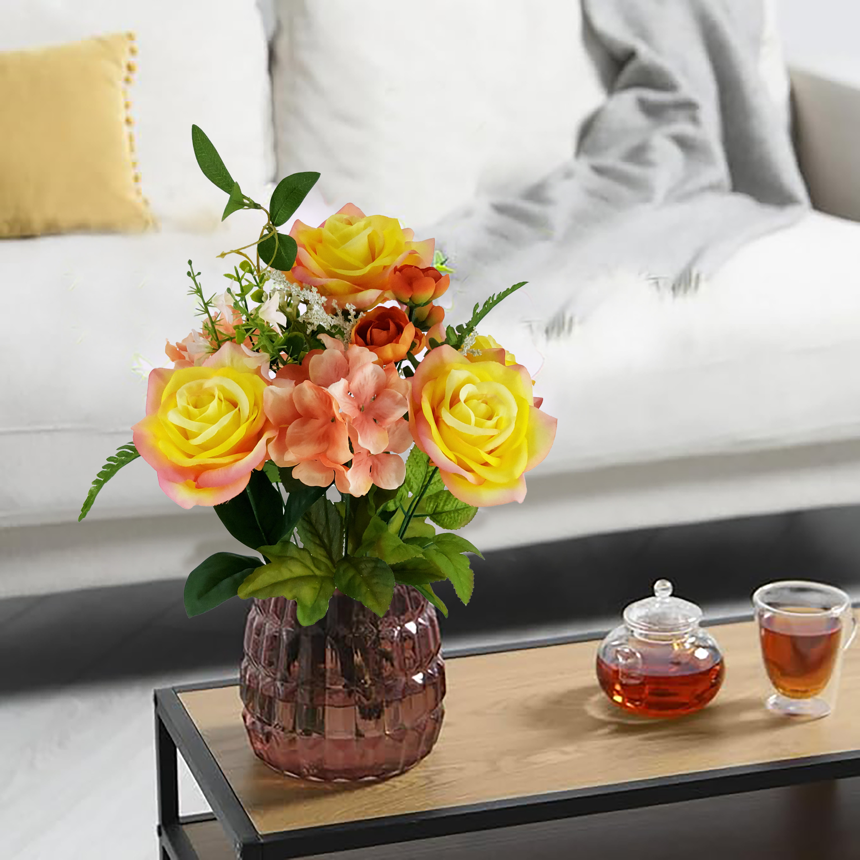 Mainstays 19in Indoor Artificial Floral Bouquet, Rose Flower in Peach Color.