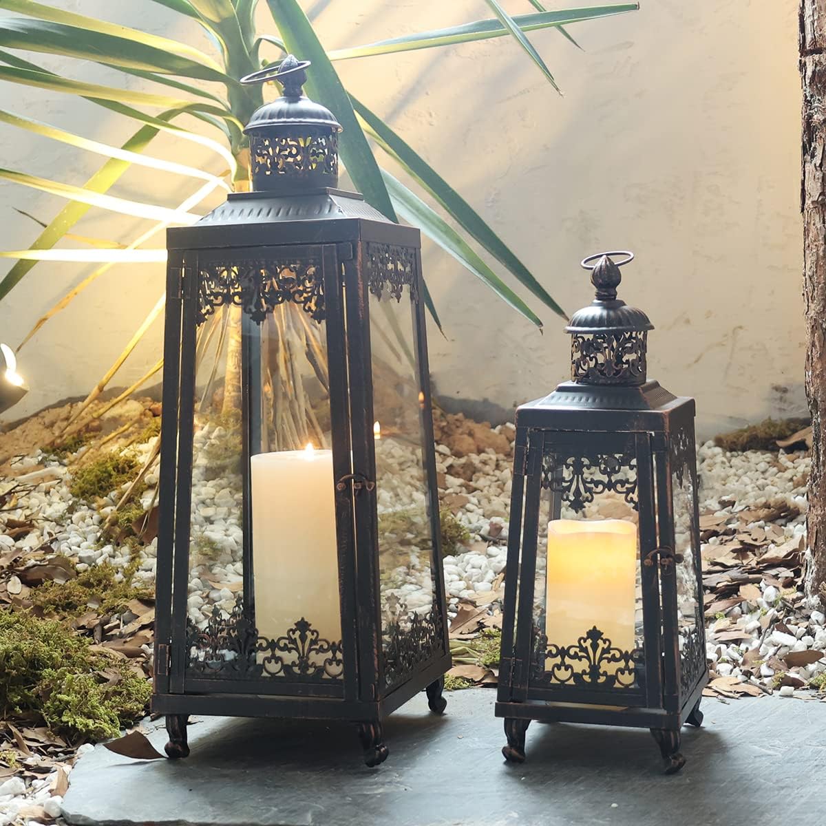 2Pack Extra Large Outdoor Lanterns, 25" Black Flameless Candle Holders Decorative for Patio, Metal Frame with Glass, Vintage Farmhouse Front Porch Decor, Garden, Pathway, Balcony, Yard Decor