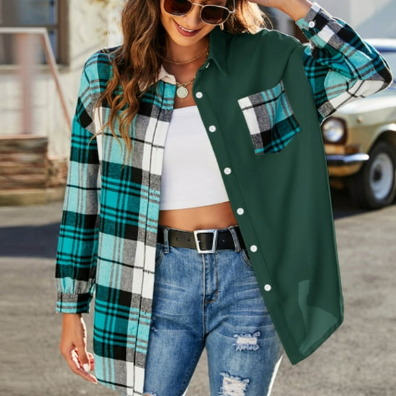 VEKDONE 2024 Clearance Women's Patchwork Plaid Shacket Jacket Long Sleeve Lightweight Comfortable Leisure Jackets, Women 2024 Casual Jacket