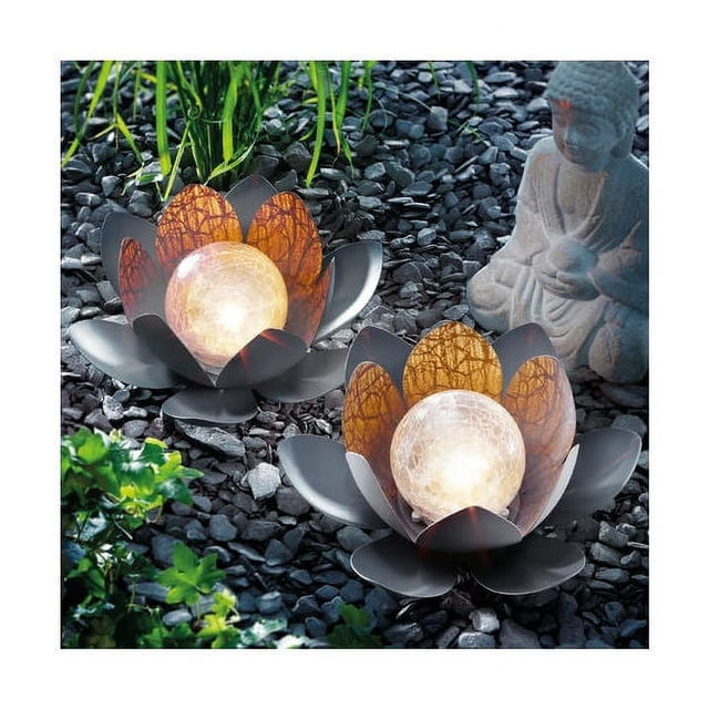 Decoración de loto LED a prueba de agua, luces solares para exteriores, globo de vidrio agrietado para patio, césped, decoración de mesa para exteriores, luces de flores de metal que emiten un brillo