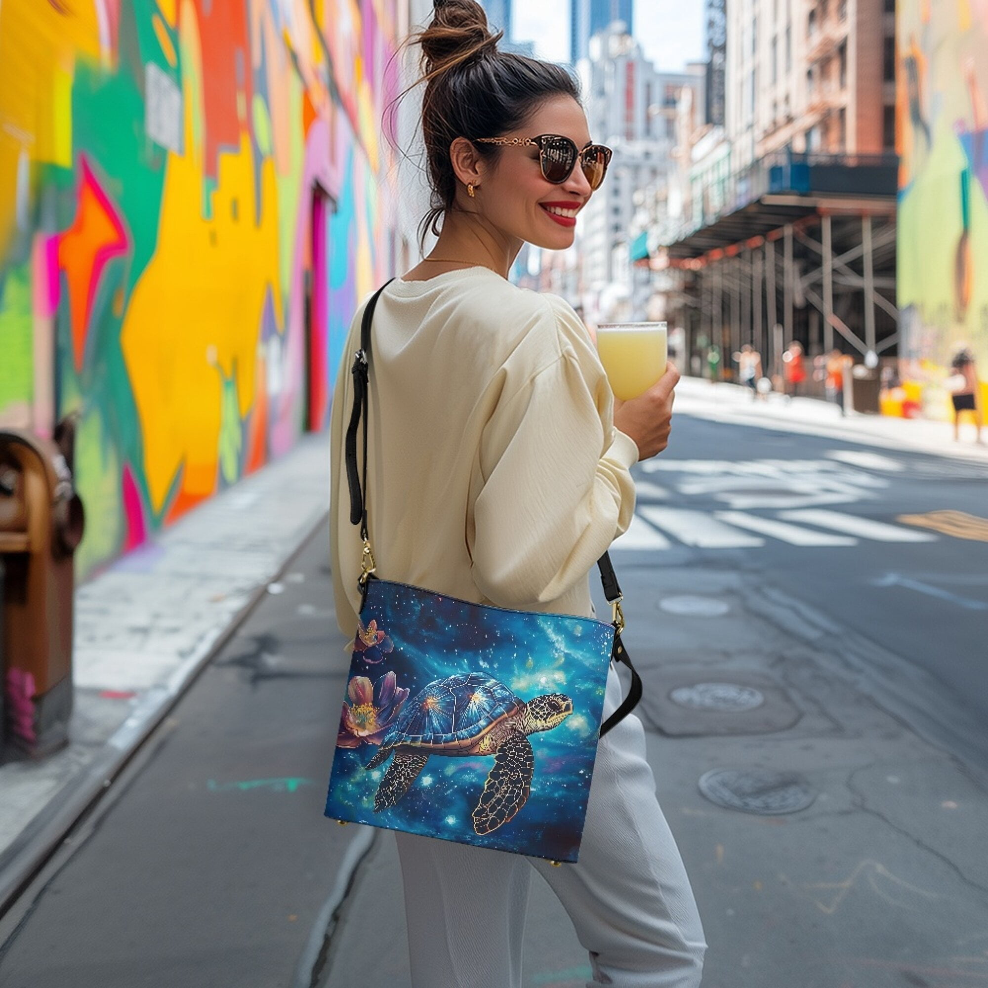 Kuiaobaty Sea Turtle Print Leather Crossbody Bag for Women Lady, Trendy Lotus Print Hobo Satchel Purse with Adjustable Strap, Roomy Bucket Tote Bag Handbag Crossbody for Travel, Blue