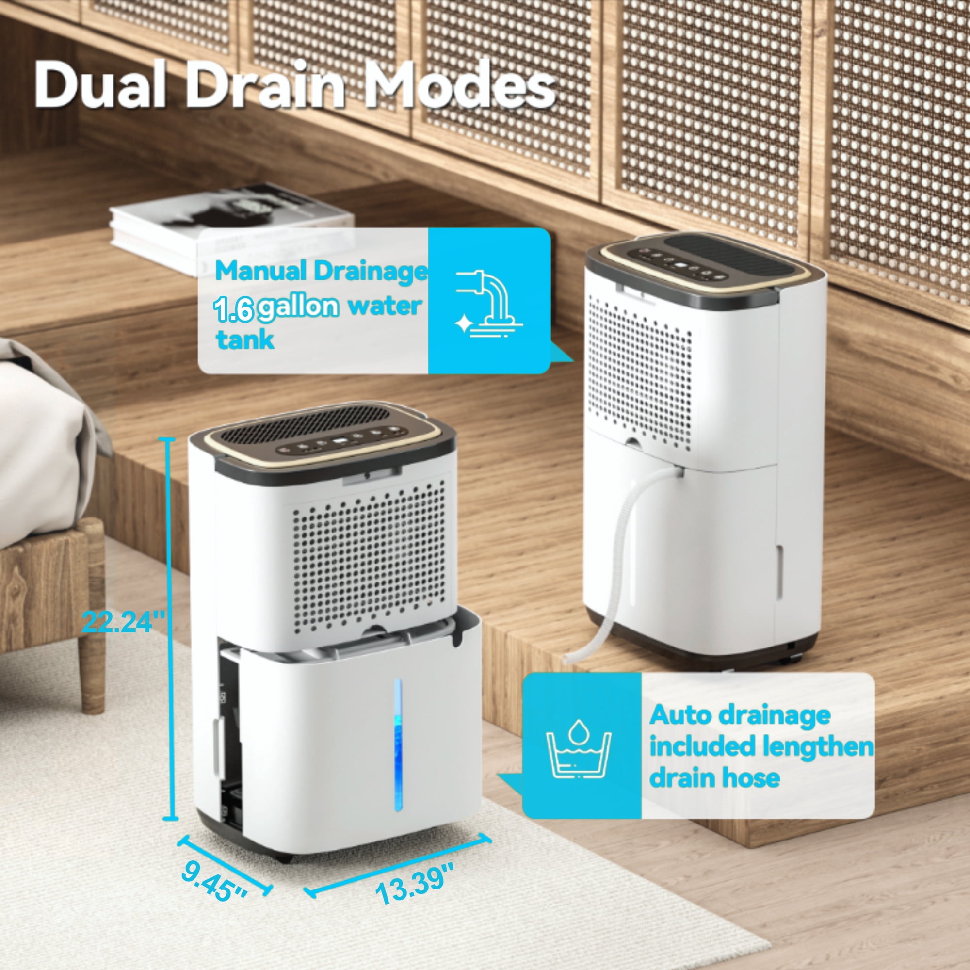 UrbanSync 5000 Sq.Ft Dehumidifier, 1.6 Gallon Water Tank, Dehumidification/Drying/Air Modes, Humidity Display Function, 24H Timer, Drainage Hose, for Bedroom Office, Basement, Laundry
