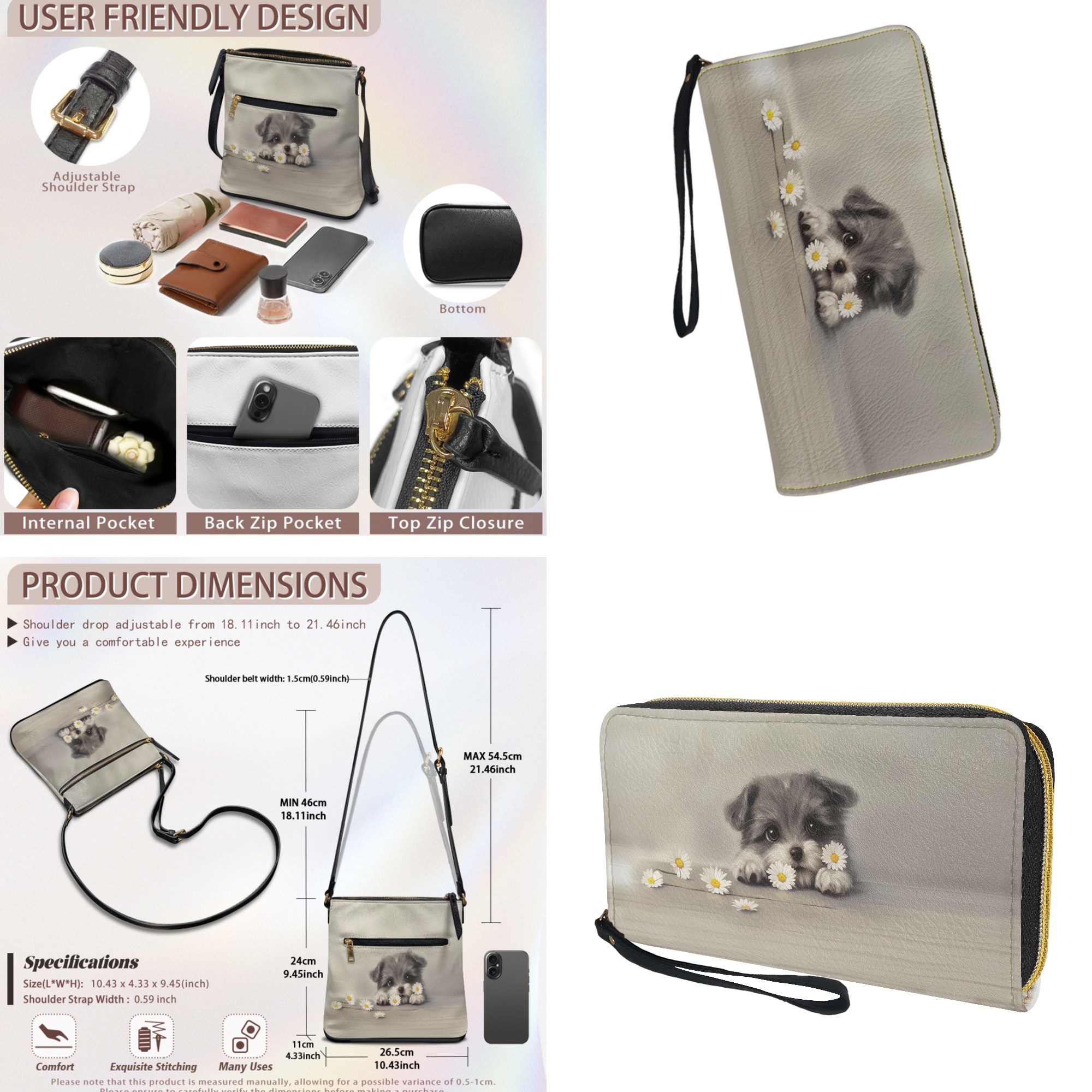ZUXONGSY Dog Daisy Flower Print Women's PU Leather Crossbody Messenger Bag & Wallet Set, Multi-Pocket Satchel with Adjustable Shoulder Strap for Shopping Work Business