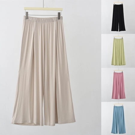 AGWOLF Palazzo Pants for Women Wide Leg Flowy Pant Mid Rise Elastic Waist Summer Beach Trousers Lightweight Lounge Pant Pajamas Beige XL