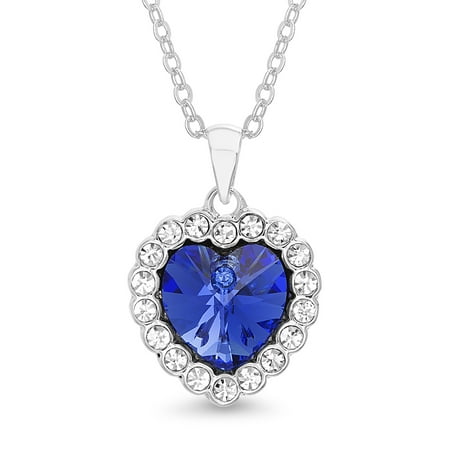 Facetted Heart - Lesa Michele Faceted Crystal Womens Sapphire Heart Halo Style Pendant Chain Necklace made with Swarovski Crystals