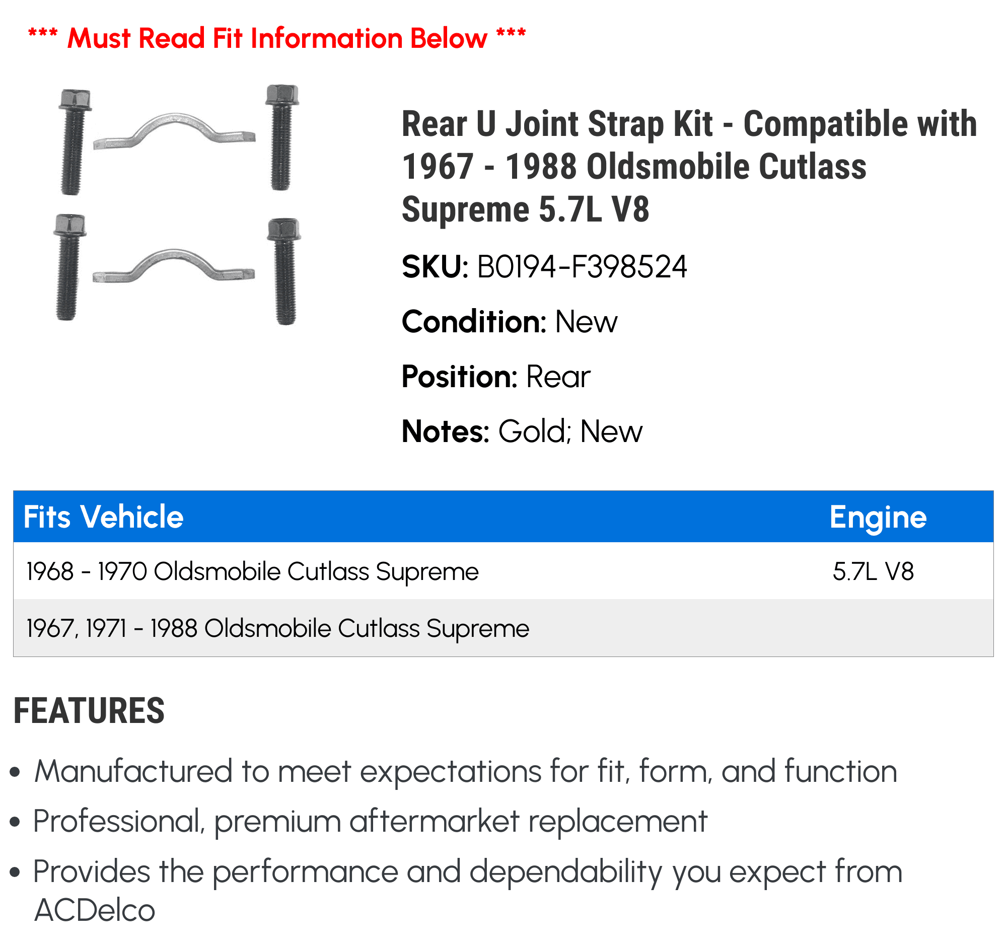 Rear U Joint Strap Kit - Compatible with 1967 - 1988 Oldsmobile Cutlass Supreme 5.7L V8 - AC Delco