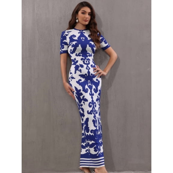 Women Celebrity Sexy Long Sleeve Jacquard Blue Maxi Long Bodycon Bandage Dress 2024 Knitted Elegant Evening Club Party Outfit