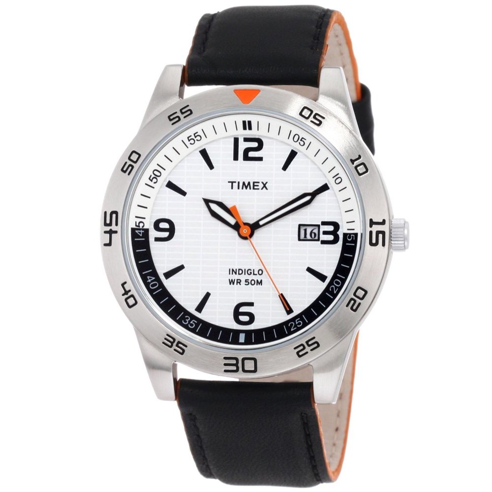 Timex T2N695 Men's Style Sport Orange Accents Leather Strap Indiglo