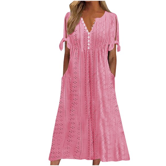 Staron Sundresses for Women 2025 Lace Eyelet Short Sleeve Summer Midi Dresses Loose Beach Vacation Casual V Neck Sundress Dresses