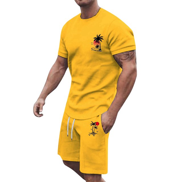 Costumes pour Hommes Ensemble de Survêtement Haute Performance pour Confort et Style d'Été avec T-Shirt Col Rond et Imprimé Noix de Coco Décontracté