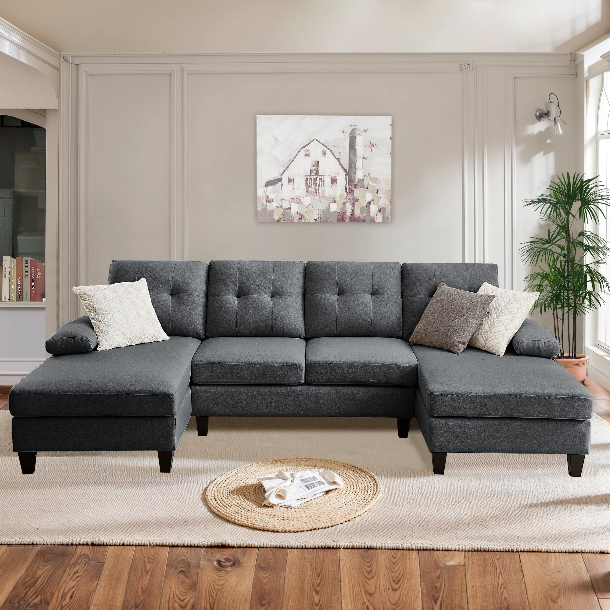 Soscana 105" Sectional Sofa U Shaped Couch with Double Chaises, Modern Linen Sofa Oversized 4 Seater Couch for Living Room, Apartment, Office, Studio