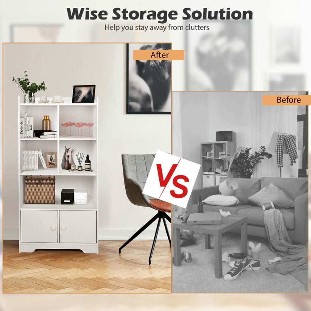 Demi Bonn 4 Tiers Wood Storage Bookcase with 4 Cubes Display Shelf and 2 Doors, White