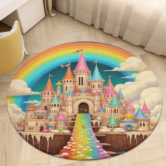 Rainbow Castle in Candy Land Round Area Rugs for Bedroom Living Room, 3FT Soft Indoor Circle Carpets, Carpet Home Decor Floor Mat