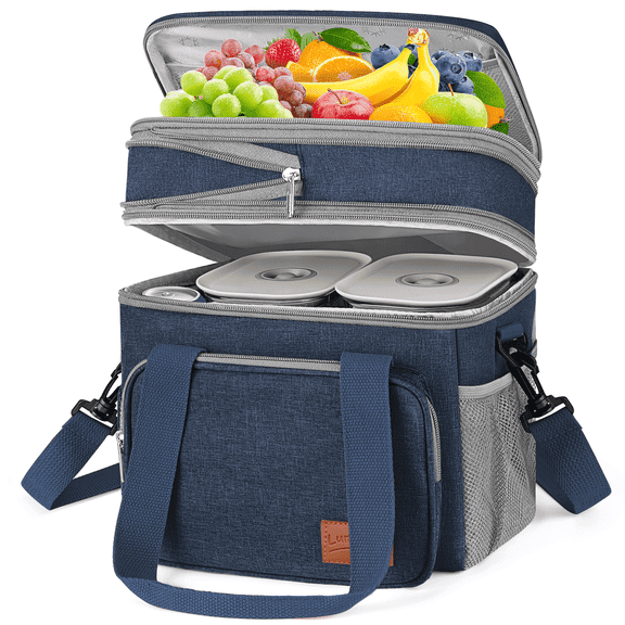 Insulated Lunch Bag, 17L Expandable Double Deck Lunch Tote Bag for Women/Men, Leakproof Freezable Cooler Box W/ Side Tissue Pocket&Adjustable Shoulder Strap, Suit for Work,Camping,Picnic(Blue)