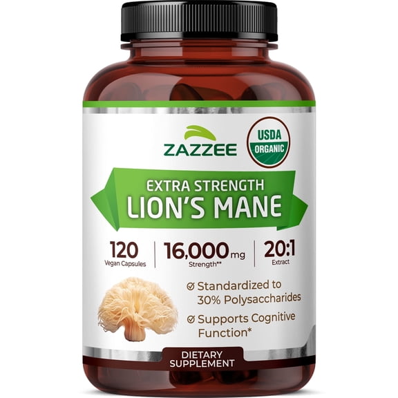 Zazzee USDA Organic Lion’s Mane 16,000 mg Strength – Supports Brain Health & Focus