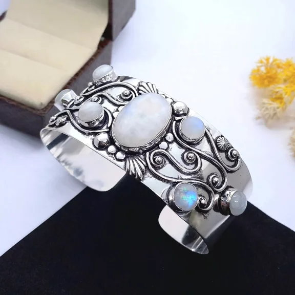 925 Sterling Silver Natural Rainbow Moonstone Gemstone Jewelry Cuff Bracelet