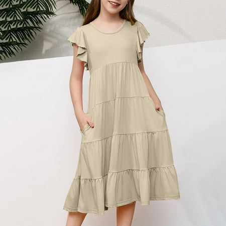 

Little Girls Short Sleeve Dresses Summer Cotton Casual Swing Sundress Fashion Girls Summer New Short Sleeve Ruffled Pockets Round-Neck Solid Dress Khaki 6 Years