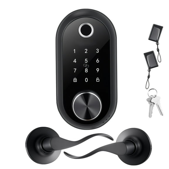 KFFKFF Fingerprint Door Lock Set with Electronic Biometric Deadbolt, Keyless Entry System Featuring Handle, Touchscreen, Auto Lock, Temporary Code, Privacy Password, IC Card Access
