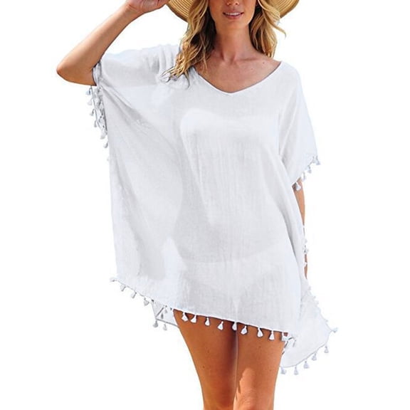 HJYCHN Swimsuit Cover Up Kaftan Bikini Beach Top Loose Cover Up Chiffon with Tassels Plus Size for Swimwear Swim Cover Up for Women White One Size