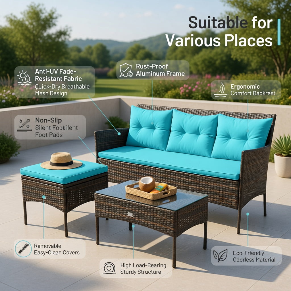 Hommoo 3-Piece Outdoor Patio Sectional Set, Woven Rattan Sofa, Ottoman & Glass Coffee Table with 5 Removable Cushions, Turquoise