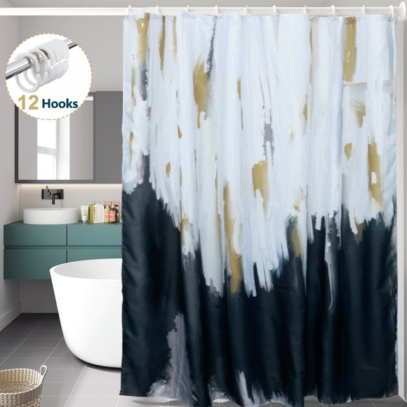 Dznils Cortina Shower Abstracta de Tela Sombría Negra, Cortina de Baño Moderna con 12 Ganchos, 72 x 78