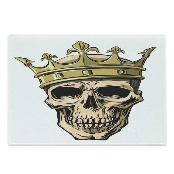 King Cutting Board, Dead Skull Skeleton Head with Royal Crown Tiara in Hand Drawn Style on White Backdrop, Decorative Tempered Glass Cutting and Serving Board, Large Size, Multicolor, by Ambesonne