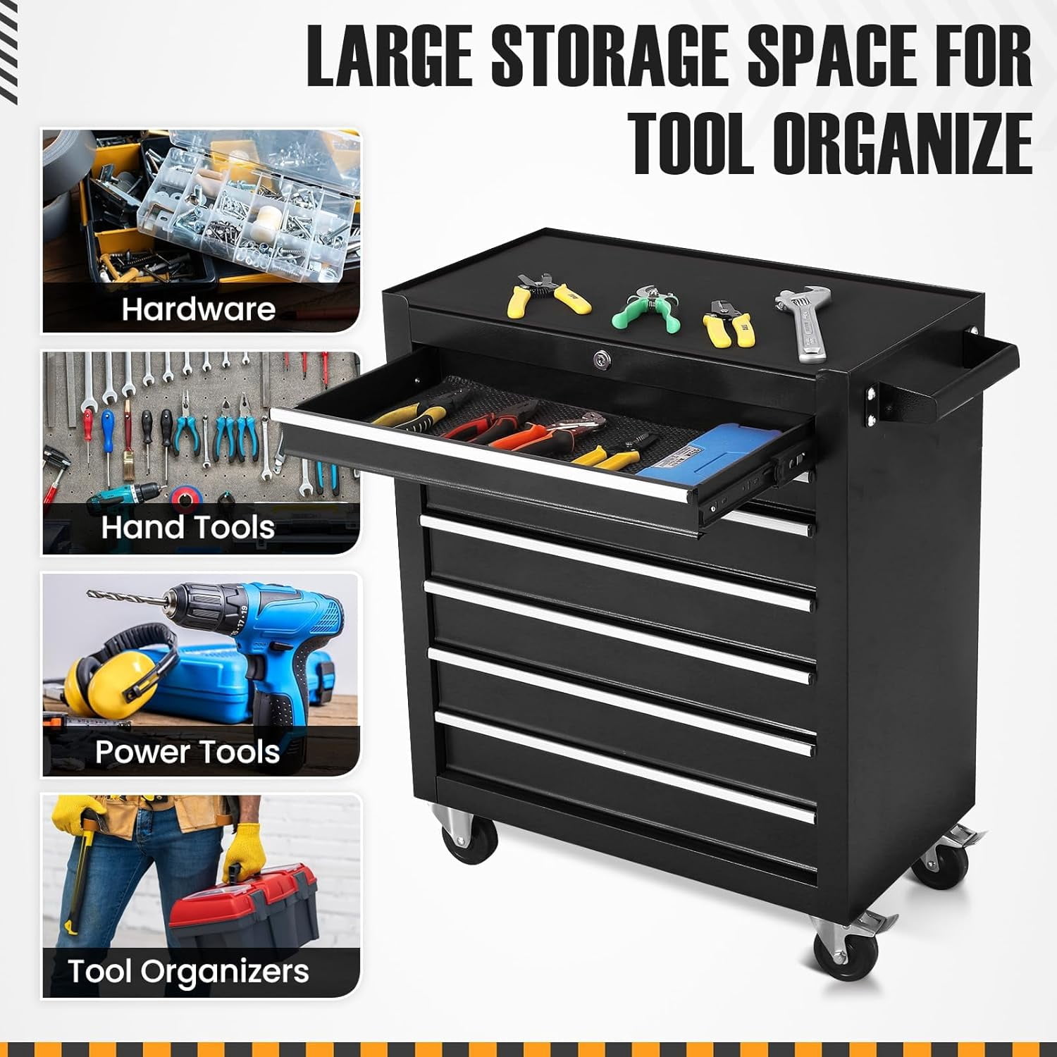 7-Drawer Rolling Tool Chest, Metal Tool Box Organizer with Auto Locking System, Sliding Drawers, Detachable Top, Lockable Wheels, Tool Storage Cabinet for Garage & Workshop