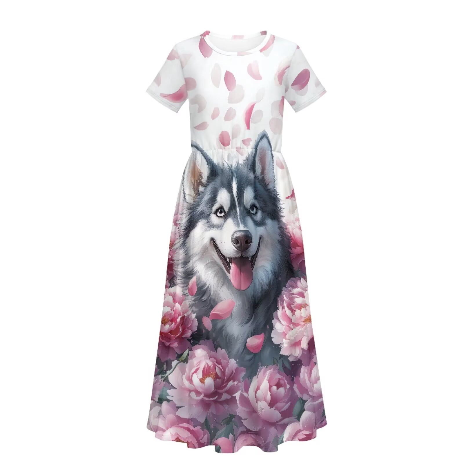 Uourmeti Girls Dress with Cute Husky Flower Print Short Sleeve Round Neck Casual Maxi Dresses with Pockets Summer Long Sundress for Kids, Size 13-14 Years