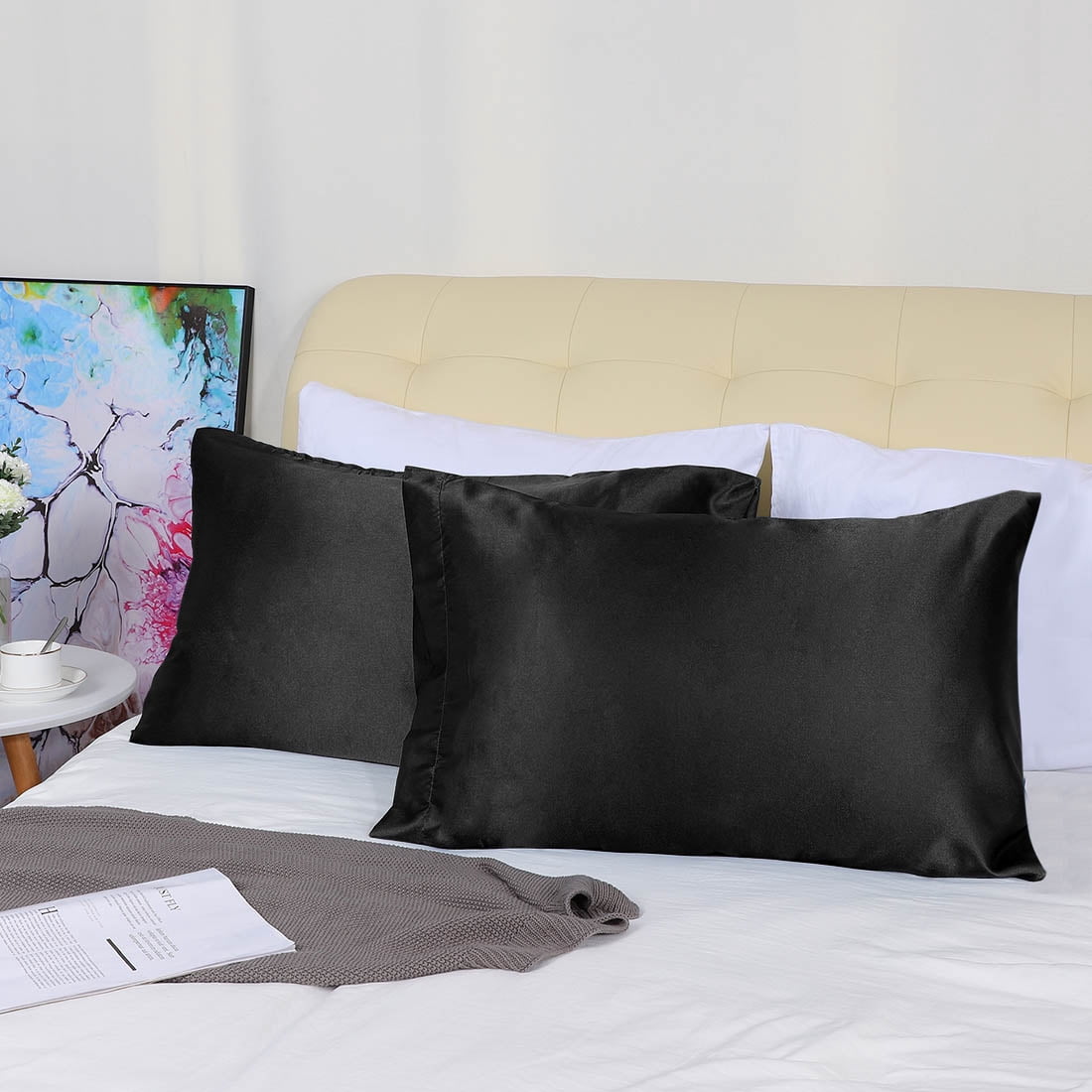 Unique Bargains 4 Pack Satin Pillowcases with Envelope Black Standard