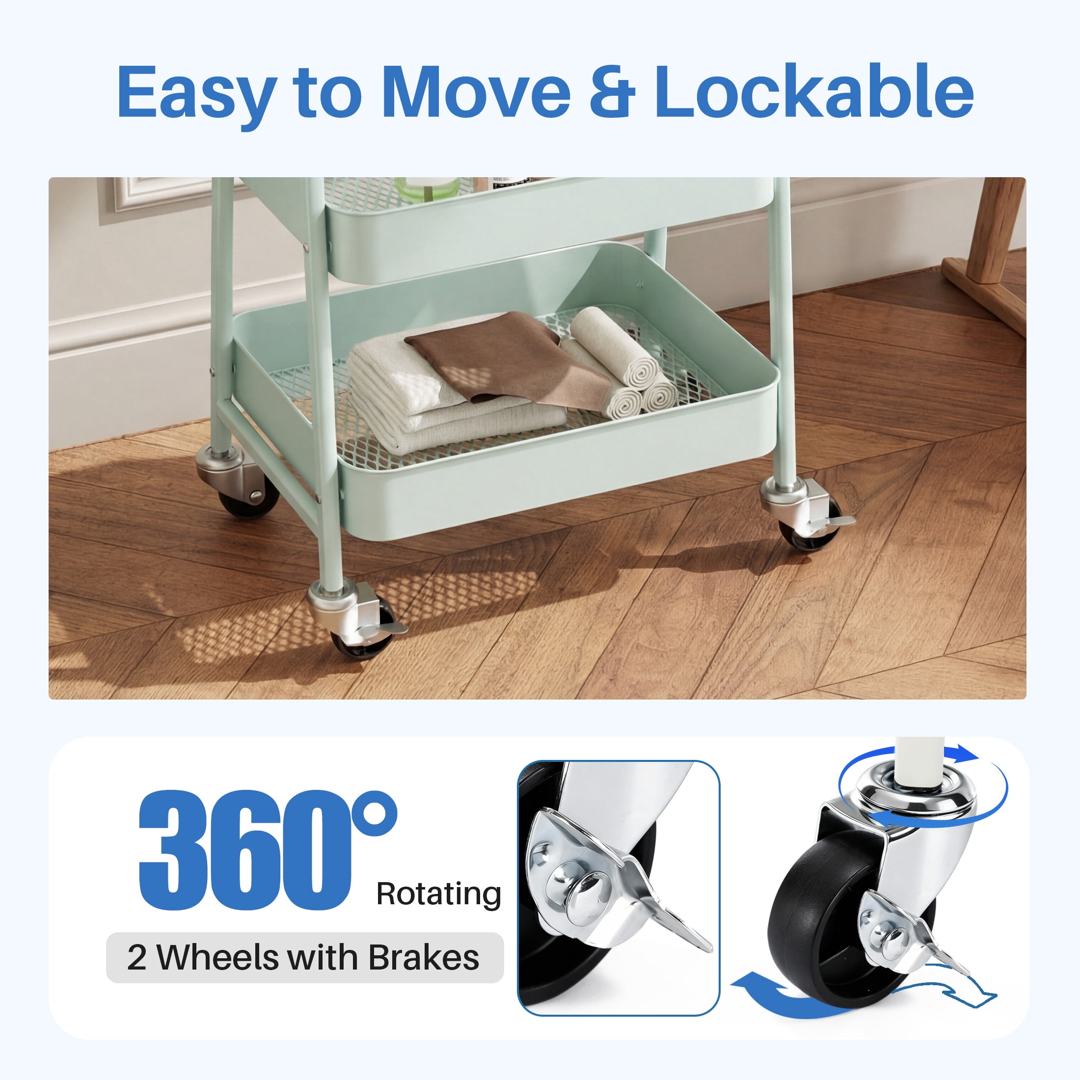 EDX 3-Tier Rolling Cart, Metal Storage Cart with Lockable Wheels