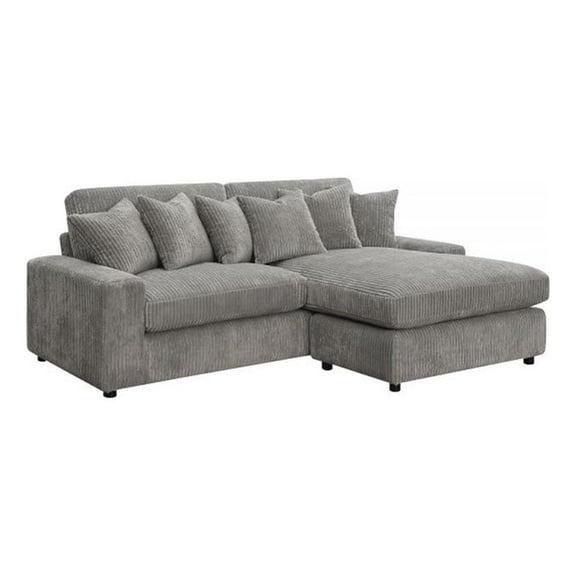 Benjara 84" Sectional Sofa- 6 Pillows- L Shape- Corduroy Upholstery- Gray