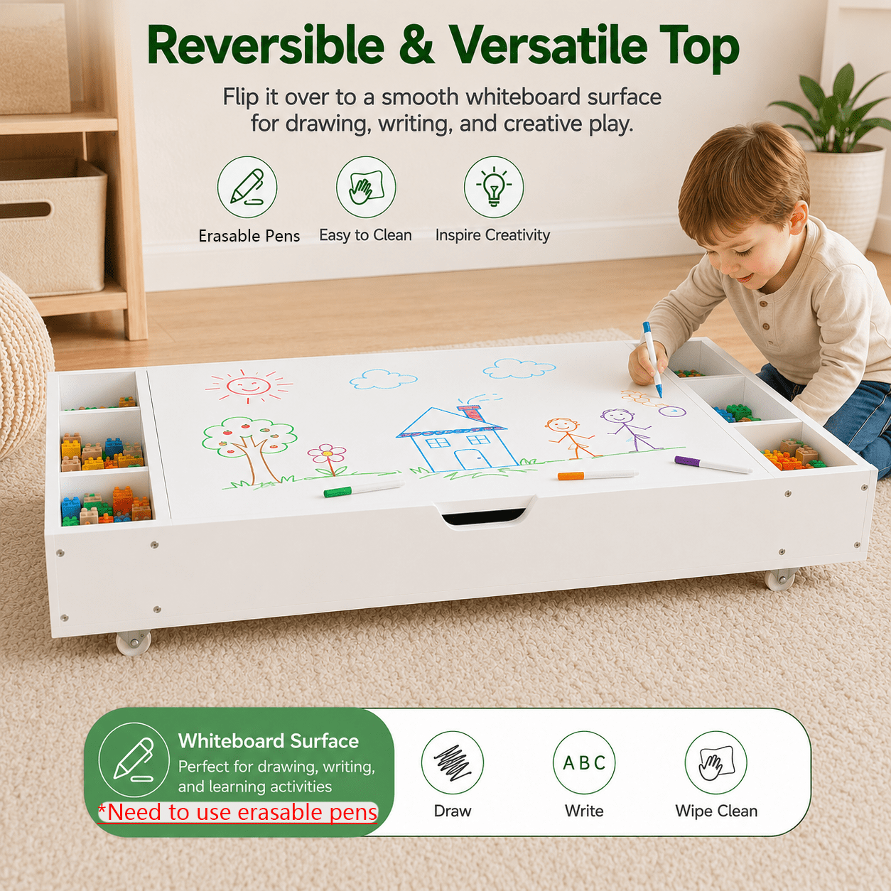 Kids Activity Table 37.99 Inch, 3-in-1 Reversible Toy Organizer with Lego Compatible Top and Whiteboard, Play Table for Children's Room and Nursery, White