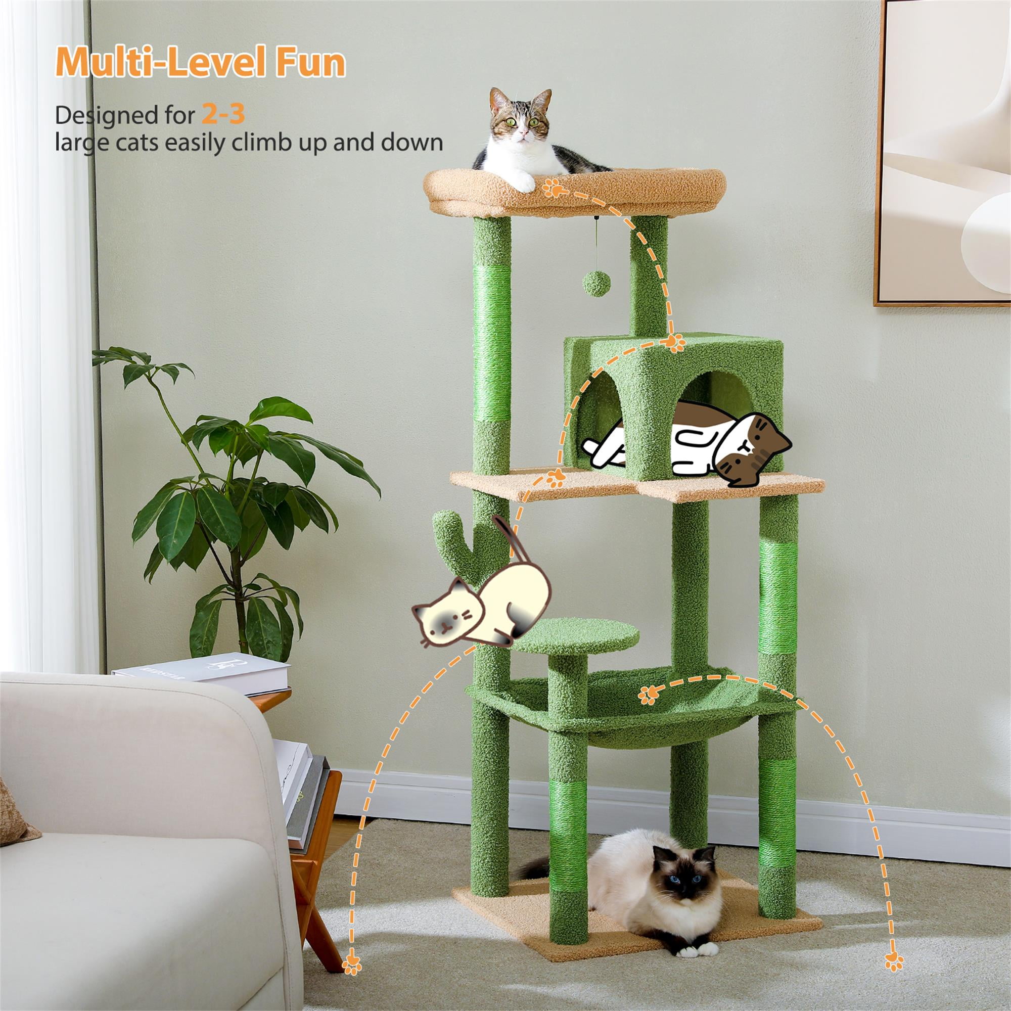 Kadyn 56" Wood Cat Tree Tower for Large Cats, Cat Tree House for Indoor Cats with Cozy Cat Condo, Super Large Hammock and Plush Perches, Dark Gray