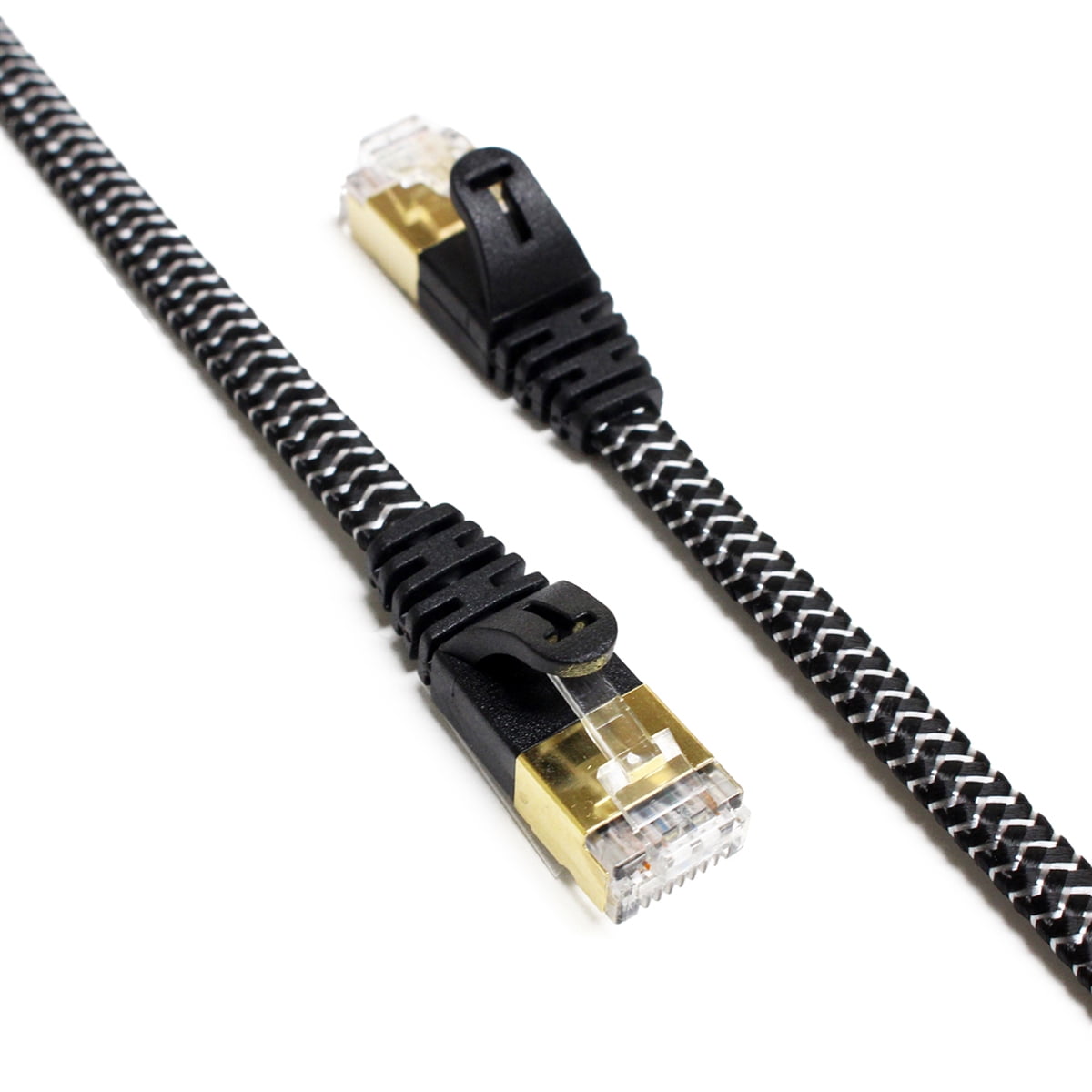 Tera Grand - CAT7 10 Gigabit Ethernet Ultra Flat Patch Cable Modem Router LAN Playstation Xbox - Built with Gold Plated, Shielded RJ45 Connectors Nylon Braided Jacket, 6 Ft Black and White