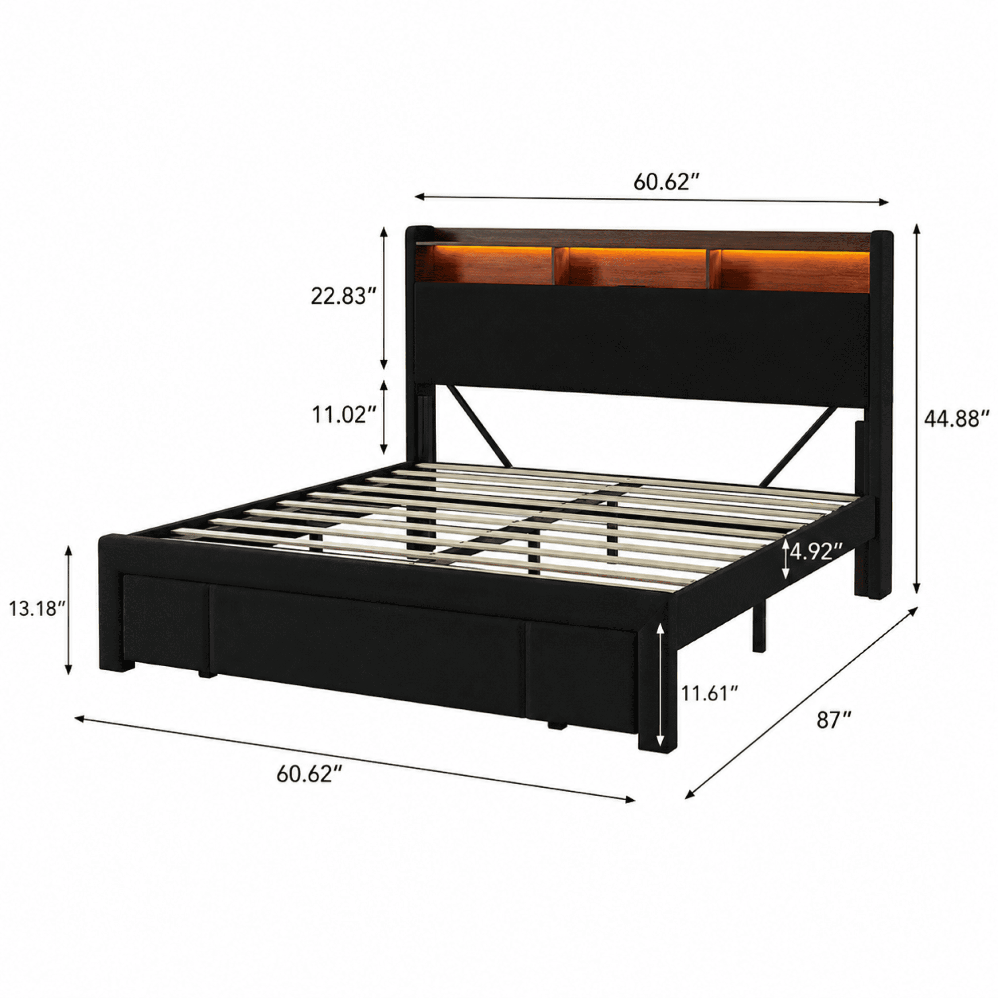Leumius Queen Size Bed Frame,Upholstered Platform Bed Frame with LED & Charging Station,Drawers and Storage Headboard,Noise-Free, No Box Spring Needed,Black(Queen)