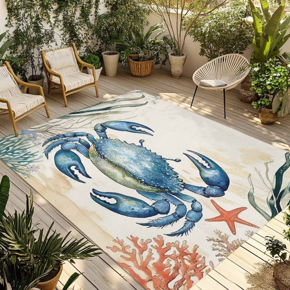 Blue Teal Crab Coastal Outdoor Rug 4x6 Ft - Reversible Patio Rug Outdoor Camping Rugs, Nautical Coral Starfish Beach Washable Indoor Outdoor Area Rugs, Non-Slip Outdoor Carpet Runner for Deck/Porch