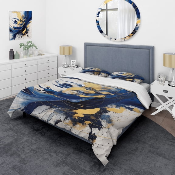 Designart "Strokes in Dark Blue and Gold V" Fractals Bedding Covert Set - Abstract Blue Modern Bed Set With 2 Shams