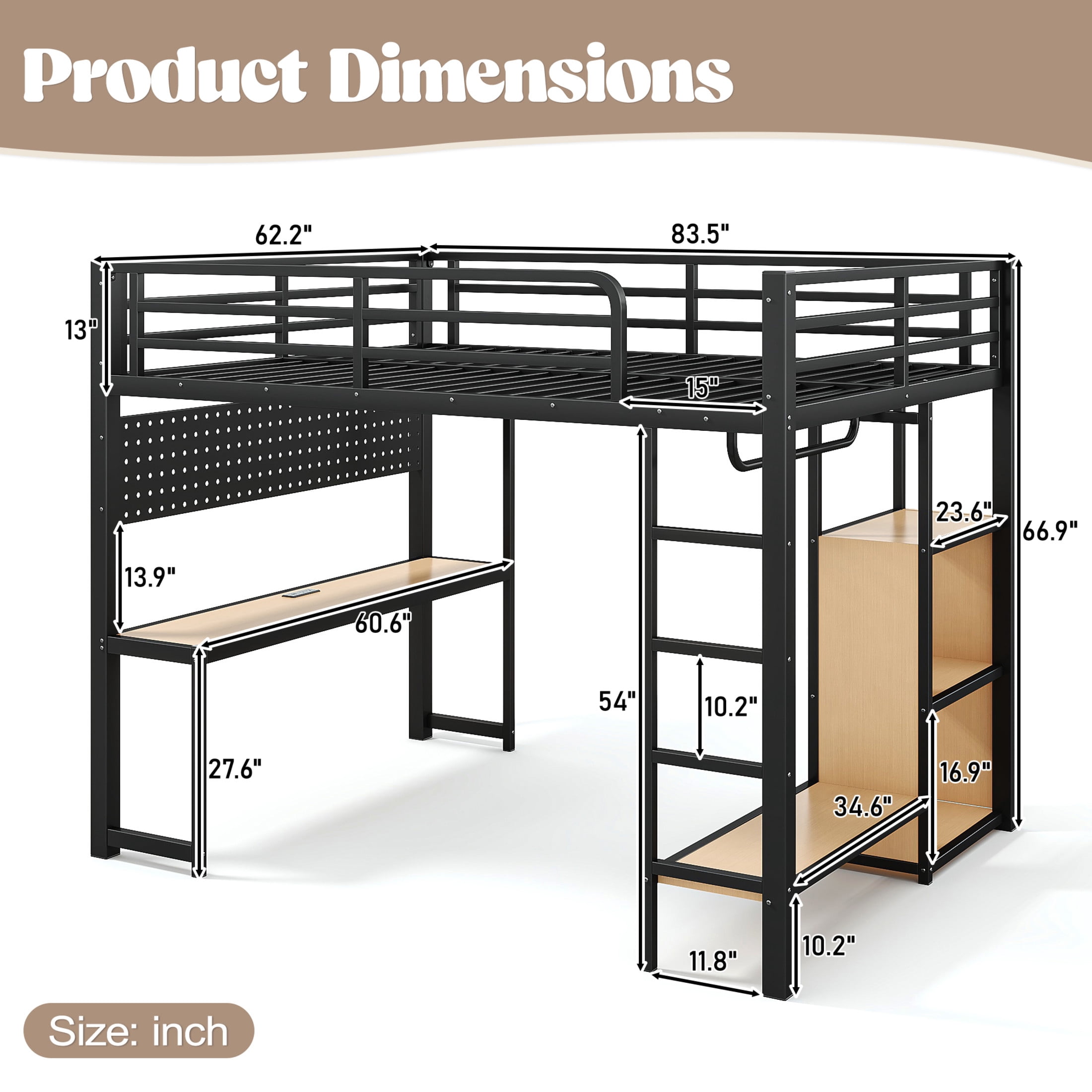 Noble House Queen Loft Bed with Desk, Storage Shelves, USB Ports and Lights, Black
