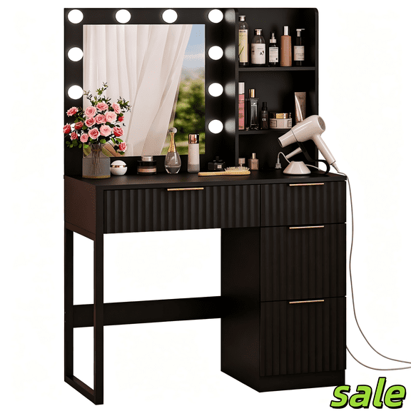 Hassch Vanity Desk with LED Light and Mirror, Makeup Table with Built-in Charging Station, Dressing Table with 4 Drawers & 2 Shelves, Black
