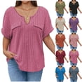 thumbnail image 5 of Plus Size Short Sleeve Tops Women Loose Fit Soft Ribbed Knit Casual V Neck Tunic T-shirts with Faux Pocket (2XL, Wine), 5 of 6