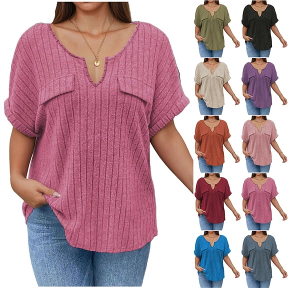 Fengqque Women Plus Size Tops V Neck Short Sleeve Shirts Summer Brushed Ribbed Brushed Ribbed T-shirt Wine XL(XL)