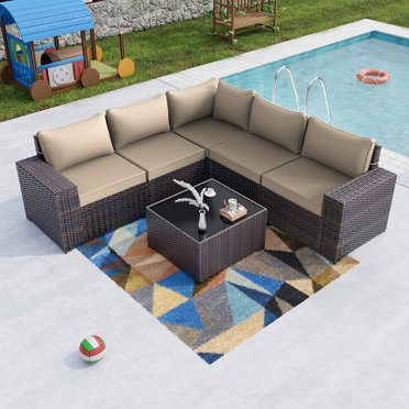 Superjoe 7 Piece Outdoor Conversation Set All Weather Wicker Sectional Sofa With Dining Table And Ottoman Red Com Wicker Sectional Sofa Set, Sectional Sofa Connectors Lowe S