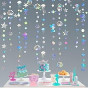 TETOU 13Ft 4 Strings Under The Sea Iridescent Mermaid Garland with Jellyfish SeaShell Starfish Pearl Paper Streamer Mermaid Birthday Party Decorations for Ocean Theme Wedding Baby Shower Party