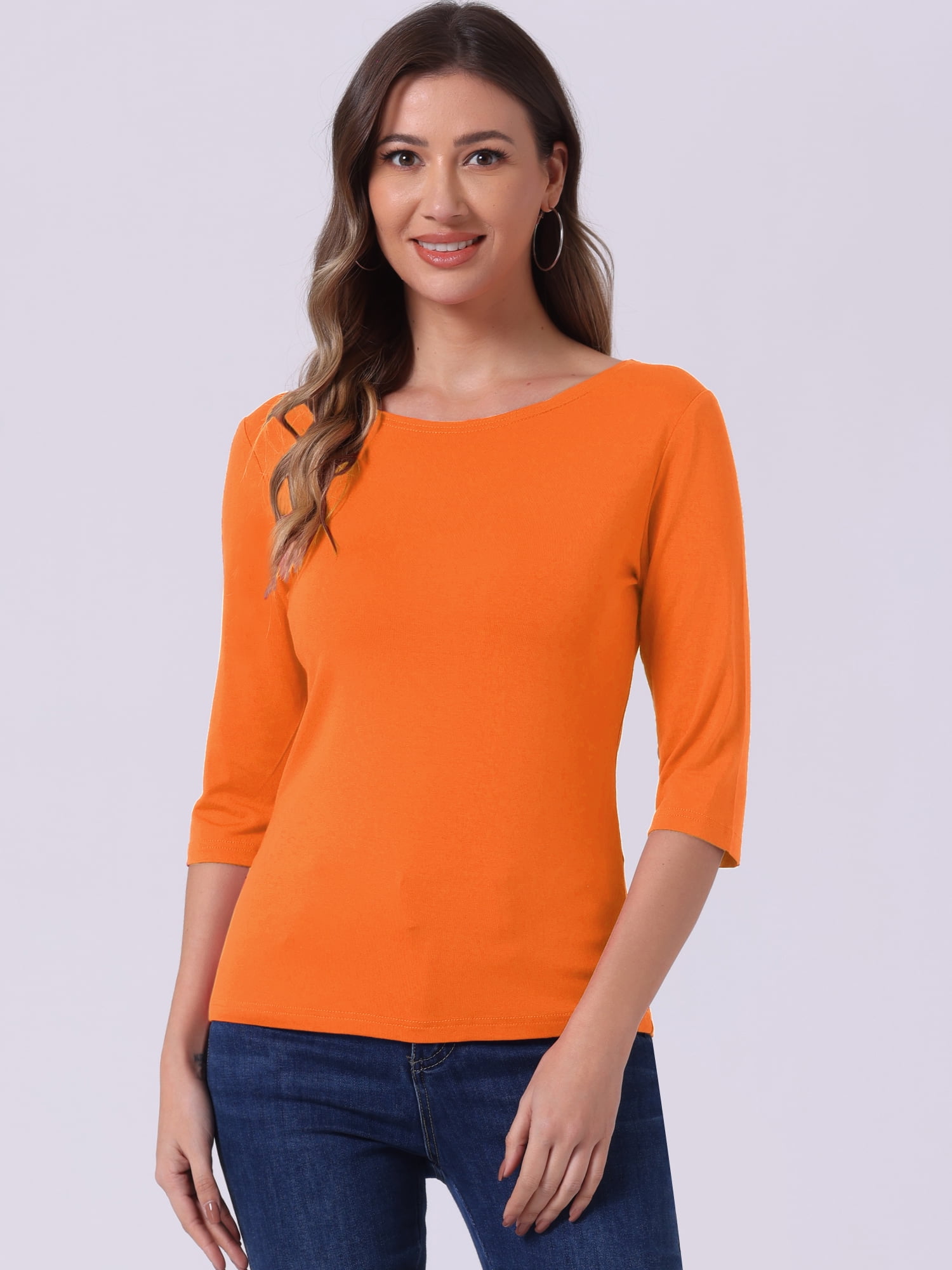 DARING DIVA Women's Elbow Sleeves Boat Neck Slim Fit Classic Tee XL Orange