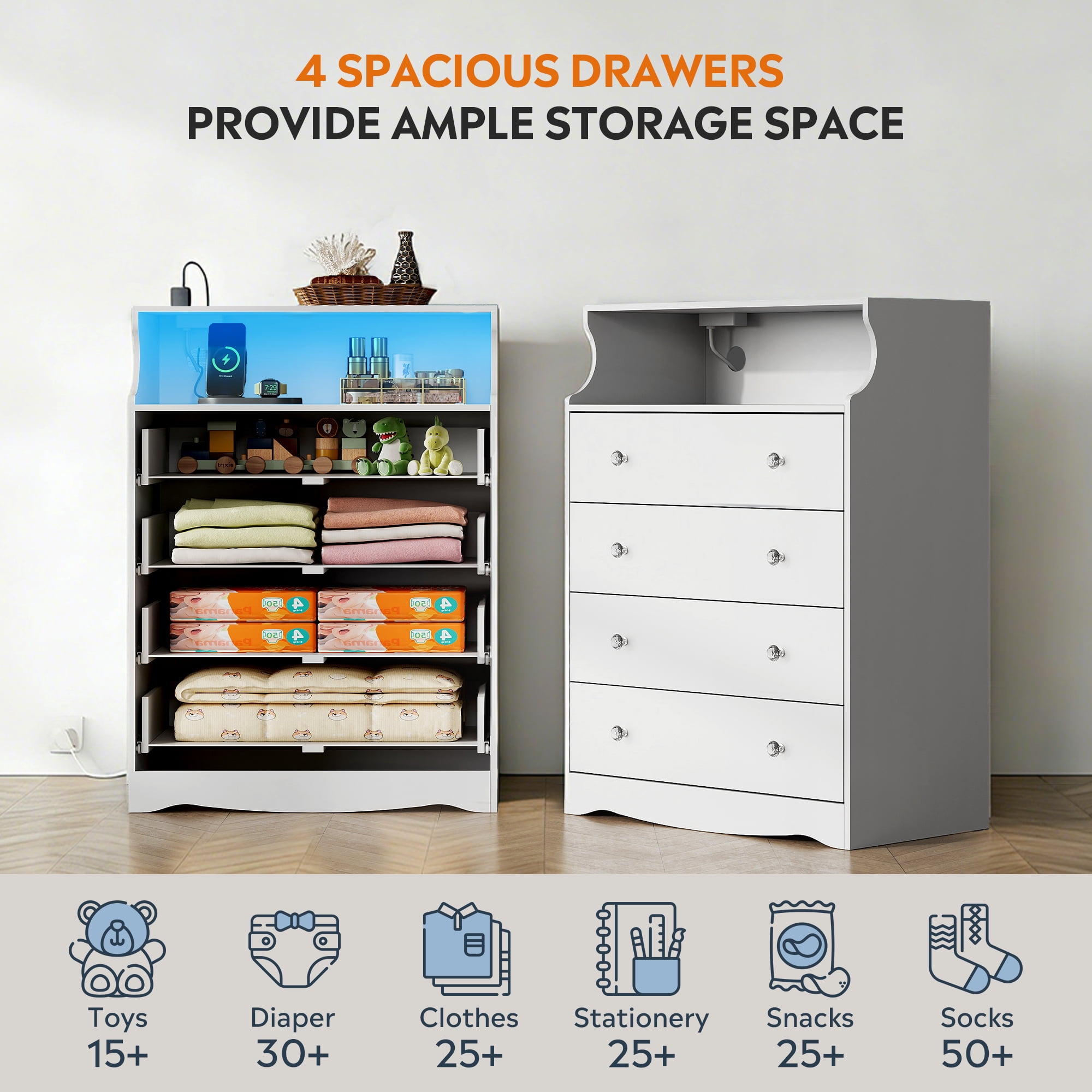 GALAXHERO 4 Drawers Dresser for Bedroom, Tall White Dressers with  LED Open Shelf, Modern Chest of Drawers with Charging Station, Wood Closet Clothes Organizer Storage Cabinet