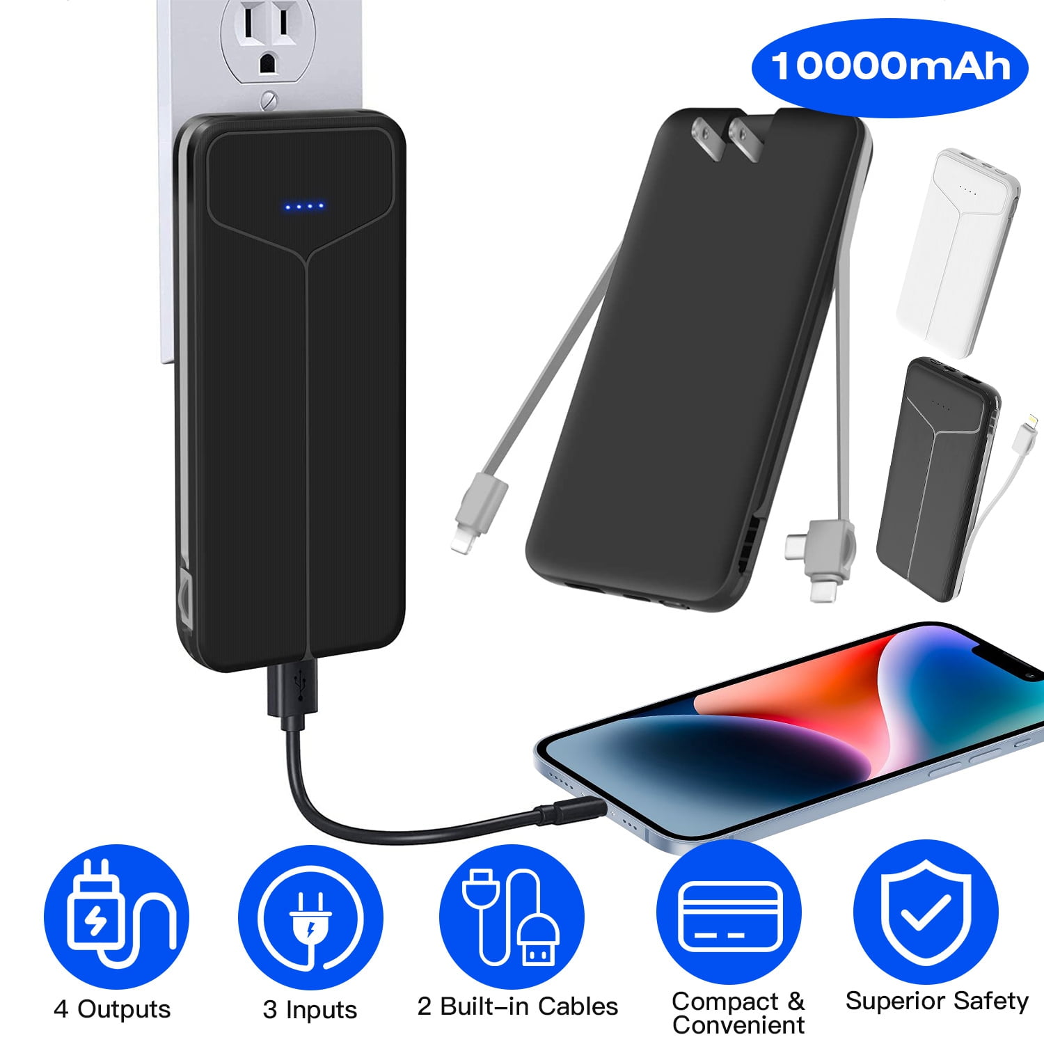 Portable Phone Charger with US Wall Plug TeqHome 10000mAh Power Bank with 2 Built-in Cables Fit for IOS Phone 14 Android and More White