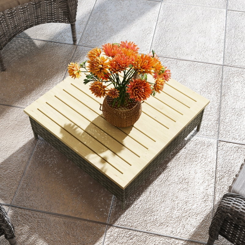 HOQBN Outdoor Side Table with PE Rattan, Patio End Table with Natural Fir Wood Top, Weather-Resistant Accent Table for Patio, Pool, Porch, Gray