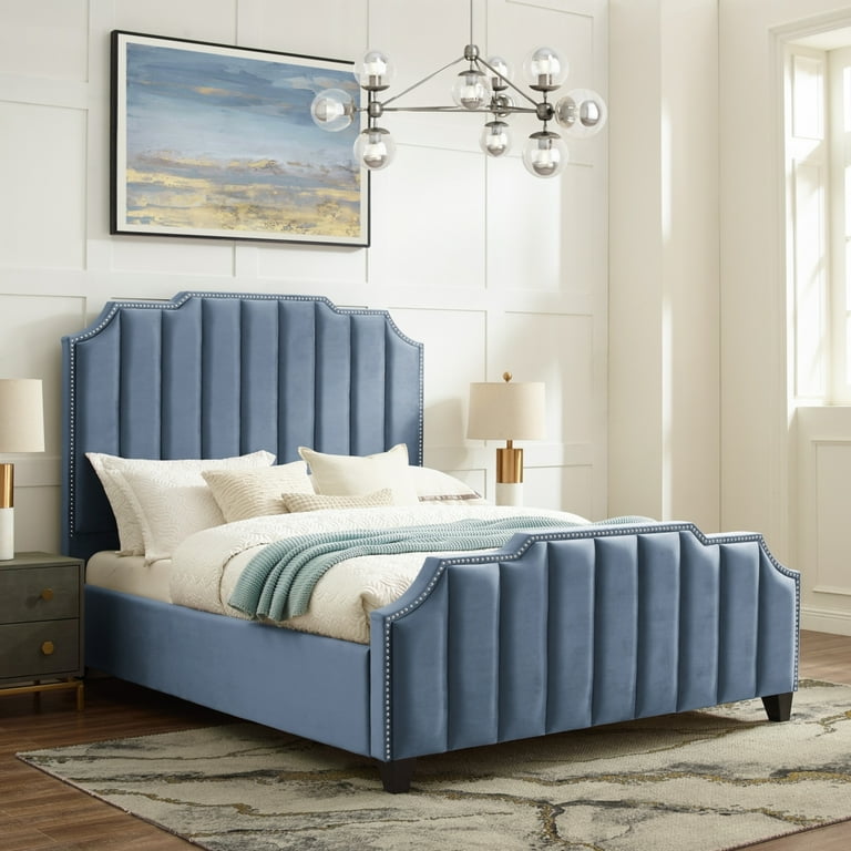 Alyce Velvet Channel Tufted Bed with Silver Nailhead Trim