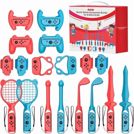 Switch Sports Accessories Bundle, 18 in 1 Family Accessories Kit for Nintendo Switch/Switch OLED with Golf Clubs, Tennis Rackets, Sword Grips, Bowling Ball Grips, Wrist & Leg Straps