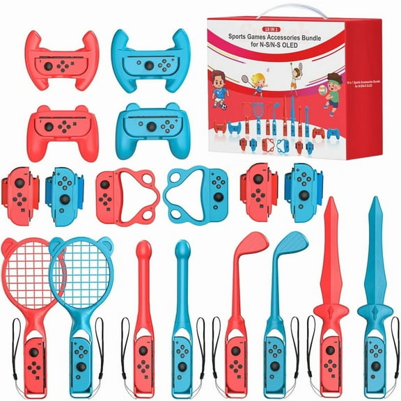 Switch Sports Accessories Bundle, 18 in 1 Family Accessories Kit for Nintendo Switch/Switch OLED with Golf Clubs, Tennis Rackets, Sword Grips, Bowling Ball Grips, Wrist & Leg Straps